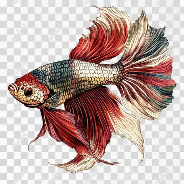 PNG Siamese Fighting Fish Vintage Illustration Clip Art in Aquatic Habitat
