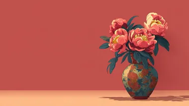 cartoon-style, flat Illustration, solid color background, There is a large space for text on one side. peonies with leaves, placed in vase, in the style of Chinese aesthetics, bright colors, high resolution, best quality. with no text or other elements visible.