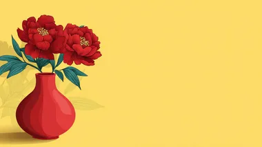 cartoon-style, flat Illustration, solid color background, There is a large space for text on one side. peonies with leaves, placed in vase, in the style of Chinese aesthetics, bright colors, high resolution, best quality. with no text or other elements visible.