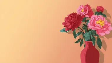 cartoon-style, flat Illustration, solid color background, There is a large space for text on one side. peonies with leaves, placed in vase, in the style of Chinese aesthetics, bright colors, high resolution, best quality. with no text or other elements visible.