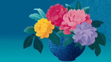 cartoon-style, flat Illustration, solid color background, There is a large space for text on one side. peonies with leaves, placed in vase, in the style of Chinese aesthetics, bright colors, high resolution, best quality. with no text or other elements visible.