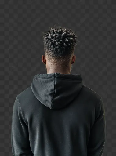 photo real male guy wearing Gildan 18600 blank black zippered hoody camera shot from his back on white background