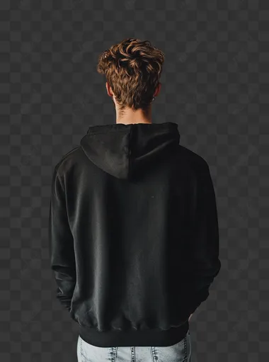photo real male guy wearing Gildan 18600 blank black zippered hoody camera shot from his back on white background
