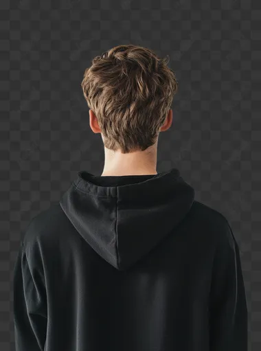 photo real male guy wearing Gildan 18600 blank black zippered hoody camera shot from his back on white background