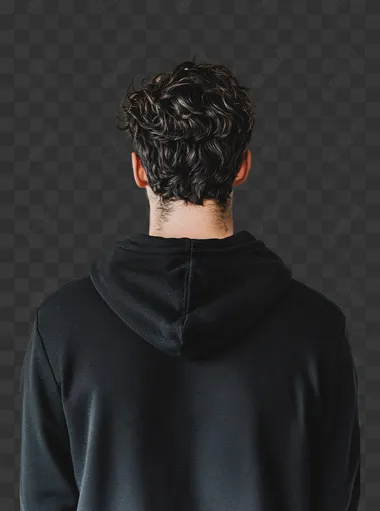 photo real male guy wearing Gildan 18600 blank black zippered hoody camera shot from his back on white background