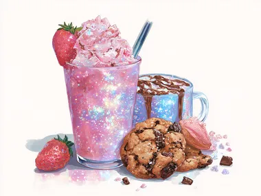 sparkly illustration of pink holographic water colored illustration of a strawberry and chocolate with crumbled cookie cookies and blueberry and caramel frappuccino in a completely white background