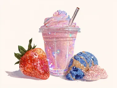 sparkly illustration of pink holographic water colored illustration of a strawberry and chocolate with crumbled cookie cookies and blueberry and caramel frappuccino in a completely white background