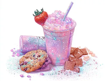 sparkly illustration of pink holographic water colored illustration of a strawberry and chocolate with crumbled cookie cookies and blueberry and caramel frappuccino in a completely white background