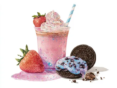 sparkly illustration of pink holographic water colored illustration of a strawberry and chocolate with crumbled cookie cookies and blueberry and caramel frappuccino in a completely white background