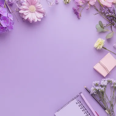 photography of a pastel purple background with flowers on a corner and stationery items on the other corner, realistic photography