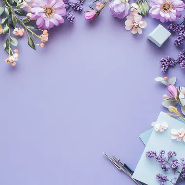 photography of a pastel purple background with flowers on a corner and stationery items on the other corner, realistic photography