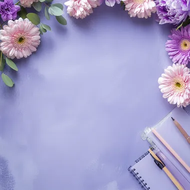 photography of a pastel purple background with flowers on a corner and stationery items on the other corner, realistic photography