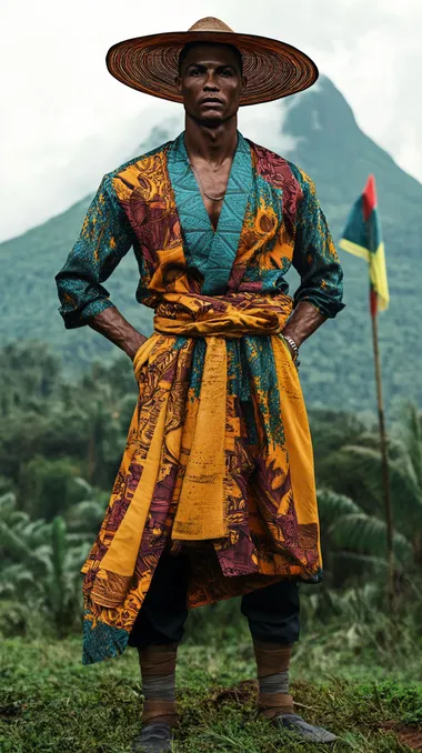 Cinematic movie still of Cristiano Ronaldo, embodying the charismatic presence of a confident Congolese man. He stands tall, dressed in a traditional pagne (colorful fabric wrapped around his waist) and a finely tailored shirt, with a hat typical of Congolese culture resting atop his head. His sharp features and intense gaze reflect both wisdom and strength, exuding a sense of pride and heritage. In the background, the majestic Mont Ngaliema (formerly Mount Stanley), one of the highest peaks in the Congo, looms in the distance, surrounded by the lush green expanse of the tropical rainforest. The vibrant flag of the Democratic Republic of the Congo flutters in the breeze, symbolizing a deep connection to the countrys history and culture. The scene blends tradition with the natural beauty of the Congo, capturing an aura of strength, resilience, and timeless honor.