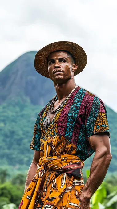 Cinematic movie still of Cristiano Ronaldo, embodying the charismatic presence of a confident Congolese man. He stands tall, dressed in a traditional pagne (colorful fabric wrapped around his waist) and a finely tailored shirt, with a hat typical of Congolese culture resting atop his head. His sharp features and intense gaze reflect both wisdom and strength, exuding a sense of pride and heritage. In the background, the majestic Mont Ngaliema (formerly Mount Stanley), one of the highest peaks in the Congo, looms in the distance, surrounded by the lush green expanse of the tropical rainforest. The vibrant flag of the Democratic Republic of the Congo flutters in the breeze, symbolizing a deep connection to the countrys history and culture. The scene blends tradition with the natural beauty of the Congo, capturing an aura of strength, resilience, and timeless honor.