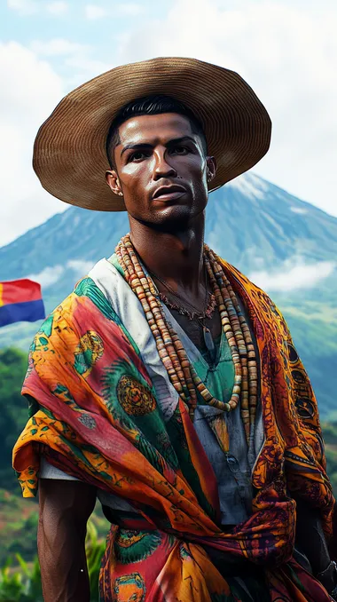 Cinematic movie still of Cristiano Ronaldo, embodying the charismatic presence of a confident Congolese man. He stands tall, dressed in a traditional pagne (colorful fabric wrapped around his waist) and a finely tailored shirt, with a hat typical of Congolese culture resting atop his head. His sharp features and intense gaze reflect both wisdom and strength, exuding a sense of pride and heritage. In the background, the majestic Mont Ngaliema (formerly Mount Stanley), one of the highest peaks in the Congo, looms in the distance, surrounded by the lush green expanse of the tropical rainforest. The vibrant flag of the Democratic Republic of the Congo flutters in the breeze, symbolizing a deep connection to the countrys history and culture. The scene blends tradition with the natural beauty of the Congo, capturing an aura of strength, resilience, and timeless honor.