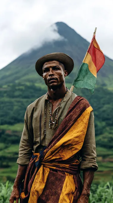 Cinematic movie still of Cristiano Ronaldo, embodying the charismatic presence of a confident Congolese man. He stands tall, dressed in a traditional pagne (colorful fabric wrapped around his waist) and a finely tailored shirt, with a hat typical of Congolese culture resting atop his head. His sharp features and intense gaze reflect both wisdom and strength, exuding a sense of pride and heritage. In the background, the majestic Mont Ngaliema (formerly Mount Stanley), one of the highest peaks in the Congo, looms in the distance, surrounded by the lush green expanse of the tropical rainforest. The vibrant flag of the Democratic Republic of the Congo flutters in the breeze, symbolizing a deep connection to the countrys history and culture. The scene blends tradition with the natural beauty of the Congo, capturing an aura of strength, resilience, and timeless honor.