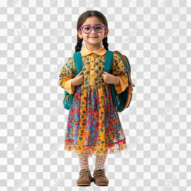 Happy student in real shot, full body professional camera shot, 10 year old girl wearing new 2024 round glasses in feminine colors, girl with authentic arab features carrying school bag on her back in formal dress, white background, product photoshoot, natural real portrait photoshoot, very realistic