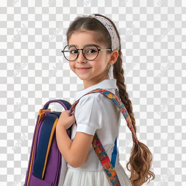 Happy student in real shot, full body professional camera shot, 10 year old girl wearing new 2024 round glasses in feminine colors, girl with authentic arab features carrying school bag on her back in formal dress, white background, product photoshoot, natural real portrait photoshoot, very realistic