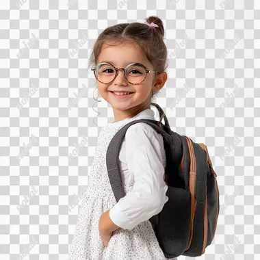 Happy student in real shot, full body professional camera shot, 10 year old girl wearing new 2024 round glasses in feminine colors, girl with authentic arab features carrying school bag on her back in formal dress, white background, product photoshoot, natural real portrait photoshoot, very realistic