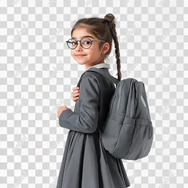 Happy student in real shot, full body professional camera shot, 10 year old girl wearing new 2024 round glasses in feminine colors, girl with authentic arab features carrying school bag on her back in formal dress, white background, product photoshoot, natural real portrait photoshoot, very realistic