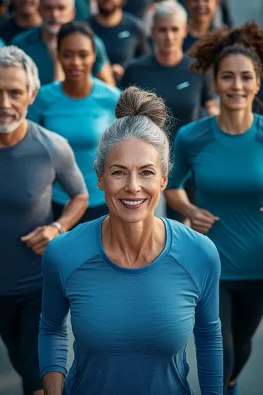 Group photo of Healthy/fit 45+ years olds diverse individuals enjoying an active lifestyle. real photo, cold blue colors on baclground