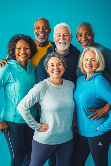 Group photo of Healthy/fit 45+ years olds diverse individuals enjoying an active lifestyle. real photo, cold blue colors on baclground