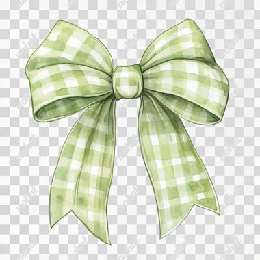 A green bows with gingham patterns, vector illustrations isolated on a white background, in pastel colors, watercolor illustration clipart.