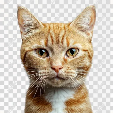 Portrait of a funny ginger cat with suspicious expression on a white background, close-up. clipping path