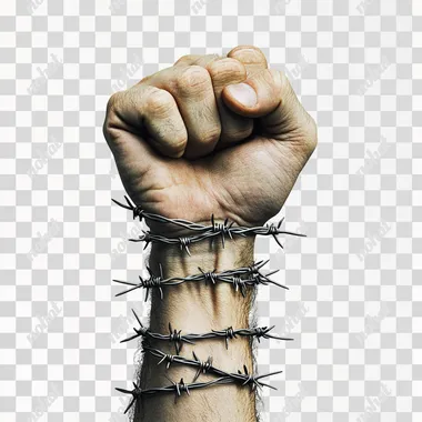Ultra realistic hand power fist gesture with barbed wired wrapping around the arm and wrist. realistic phtography with white soft background
