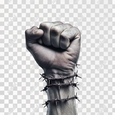 Ultra realistic hand power fist gesture with barbed wired wrapping around the arm and wrist. realistic phtography with white soft background