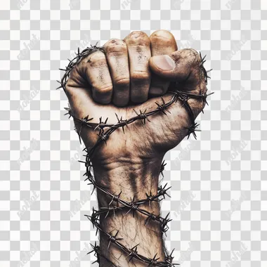 Ultra realistic hand power fist gesture with barbed wired wrapping around the arm and wrist. realistic phtography with white soft background