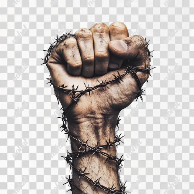 PNG Ultra-realistic hand power fist gesture with barbed wire in close-up
