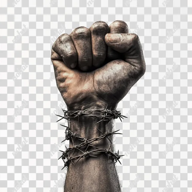PNG Ultra-realistic hand power fist gesture wrapped in barbed wire art