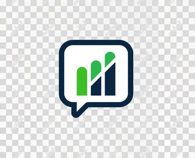 Minimal vector icon of a chat bubble containing three ascending bar chart lines, symbolizing revenue growth through client conversations. white background, Flat design, rounded corners, navy blue and vibrant green color scheme to reflect a trusted regional bank brand. Clean, professional, and business-focused. No text, no background, suitable for internal enterprise software. Stylized for clarity at small sizes, modern but conservative aesthetic, conveys productivity and performance enablement without feeling futuristic