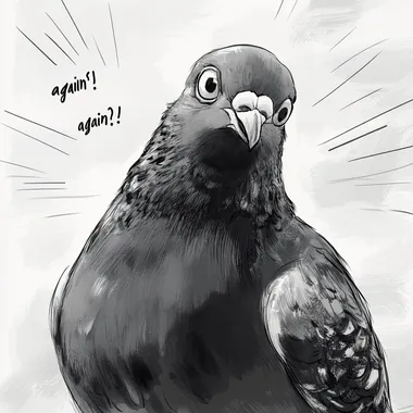 A tired pigeon looking at the camera and asks "what?! again?!". comics style