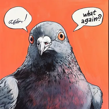 A tired pigeon looking at the camera and asks "what?! again?!". comics style