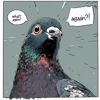 A tired pigeon looking at the camera and asks "what?! again?!". comics style