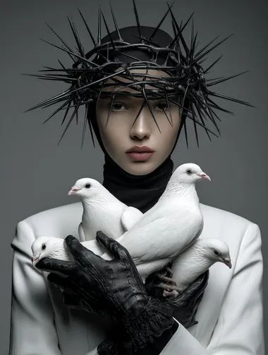 A man with black gloves holds white birds in her hands, and her head is covered by sharp black thorns. Photorealistic, hyperrealistic, surreal, detailed portrait, hyperdetailed photography, award-winning art photo, hyper-realistic, cinematic lighting, and perfect composition.  --raw rofile uoqgk9m