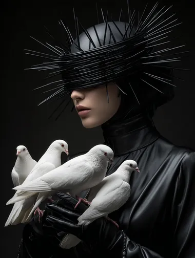 A man with black gloves holds white birds in her hands, and her head is covered by sharp black thorns. Photorealistic, hyperrealistic, surreal, detailed portrait, hyperdetailed photography, award-winning art photo, hyper-realistic, cinematic lighting, and perfect composition.  --raw rofile uoqgk9m