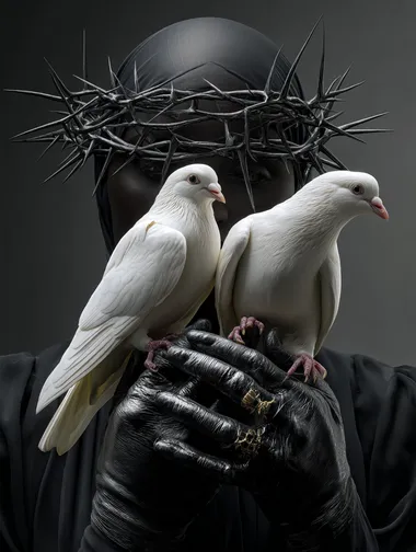 A man with black gloves holds white birds in her hands, and her head is covered by sharp black thorns. Photorealistic, hyperrealistic, surreal, detailed portrait, hyperdetailed photography, award-winning art photo, hyper-realistic, cinematic lighting, and perfect composition.  --raw rofile uoqgk9m