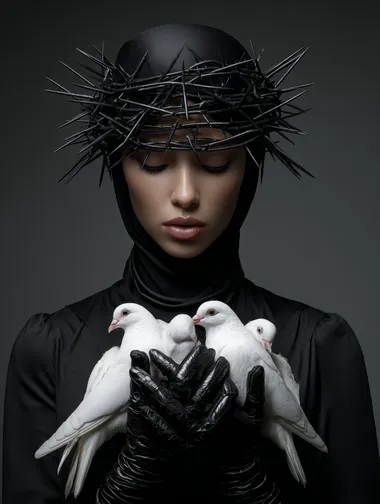 A man with black gloves holds white birds in her hands, and her head is covered by sharp black thorns. Photorealistic, hyperrealistic, surreal, detailed portrait, hyperdetailed photography, award-winning art photo, hyper-realistic, cinematic lighting, and perfect composition.  --raw rofile uoqgk9m