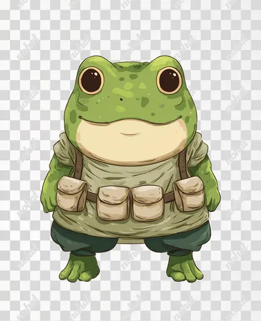 Flat vector cartoon in chibi style of a cute swamp frog alchemist, front view, standing in a neutral pose with empty hands. Styled to match the female orc reference: 3-4 solid colors, minimal shading for depth, low detail (3/10). Large round head with wide eyes and a simple frog mouth. Green skin, short squat body with webbed feet. Wears a basic tunic or apron with rounded pockets or straps  gear. Subtle fantasy details like a chunky belt or collar. All lines and features are smooth and rounded. No sharp edges, no textures. Clean white background   --raw