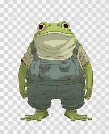 Flat vector cartoon in chibi style of a cute swamp frog alchemist, front view, standing in a neutral pose with empty hands. Styled to match the female orc reference: 3-4 solid colors, minimal shading for depth, low detail (3/10). Large round head with wide eyes and a simple frog mouth. Green skin, short squat body with webbed feet. Wears a basic tunic or apron with rounded pockets or straps  gear. Subtle fantasy details like a chunky belt or collar. All lines and features are smooth and rounded. No sharp edges, no textures. Clean white background   --raw