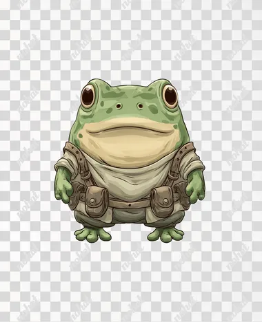 Flat vector cartoon in chibi style of a cute swamp frog alchemist, front view, standing in a neutral pose with empty hands. Styled to match the female orc reference: 3-4 solid colors, minimal shading for depth, low detail (3/10). Large round head with wide eyes and a simple frog mouth. Green skin, short squat body with webbed feet. Wears a basic tunic or apron with rounded pockets or straps  gear. Subtle fantasy details like a chunky belt or collar. All lines and features are smooth and rounded. No sharp edges, no textures. Clean white background   --raw