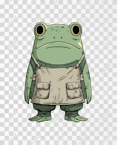 Flat vector cartoon in chibi style of a cute swamp frog alchemist, front view, standing in a neutral pose with empty hands. Styled to match the female orc reference: 3-4 solid colors, minimal shading for depth, low detail (3/10). Large round head with wide eyes and a simple frog mouth. Green skin, short squat body with webbed feet. Wears a basic tunic or apron with rounded pockets or straps  gear. Subtle fantasy details like a chunky belt or collar. All lines and features are smooth and rounded. No sharp edges, no textures. Clean white background   --raw