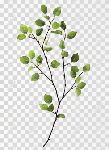 professionally photographed singular plum branch with many leaves, solid white background, minimalistic but highly detailed,