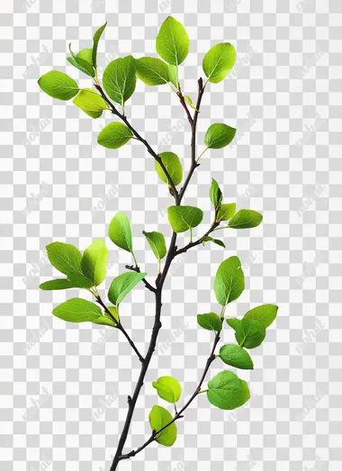 professionally photographed singular plum branch with many leaves, solid white background, minimalistic but highly detailed,