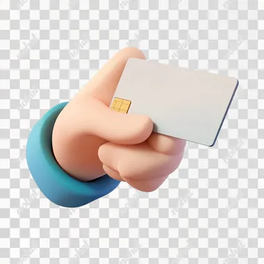, 3D cartoon, Pixar-style hand holding a whtie credit card, white backgroun blue sleeve at the wrist, five fingers, no nails, white background, cartoon style, three-dimensional resin toy, isometric view, C4D modelling, 3d, high-resolution, high-definition, high-detail, cartoon stereo style, white background.