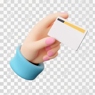 , 3D cartoon, Pixar-style hand holding a whtie credit card, white backgroun blue sleeve at the wrist, five fingers, no nails, white background, cartoon style, three-dimensional resin toy, isometric view, C4D modelling, 3d, high-resolution, high-definition, high-detail, cartoon stereo style, white background.
