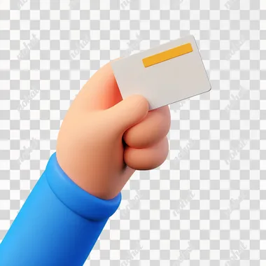 , 3D cartoon, Pixar-style hand holding a whtie credit card, white backgroun blue sleeve at the wrist, five fingers, no nails, white background, cartoon style, three-dimensional resin toy, isometric view, C4D modelling, 3d, high-resolution, high-definition, high-detail, cartoon stereo style, white background.